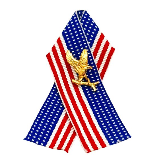 Vintage Patriotic Ribbon Pin w/Gold Tone Eagle On American Flag - Picture 3 of 5